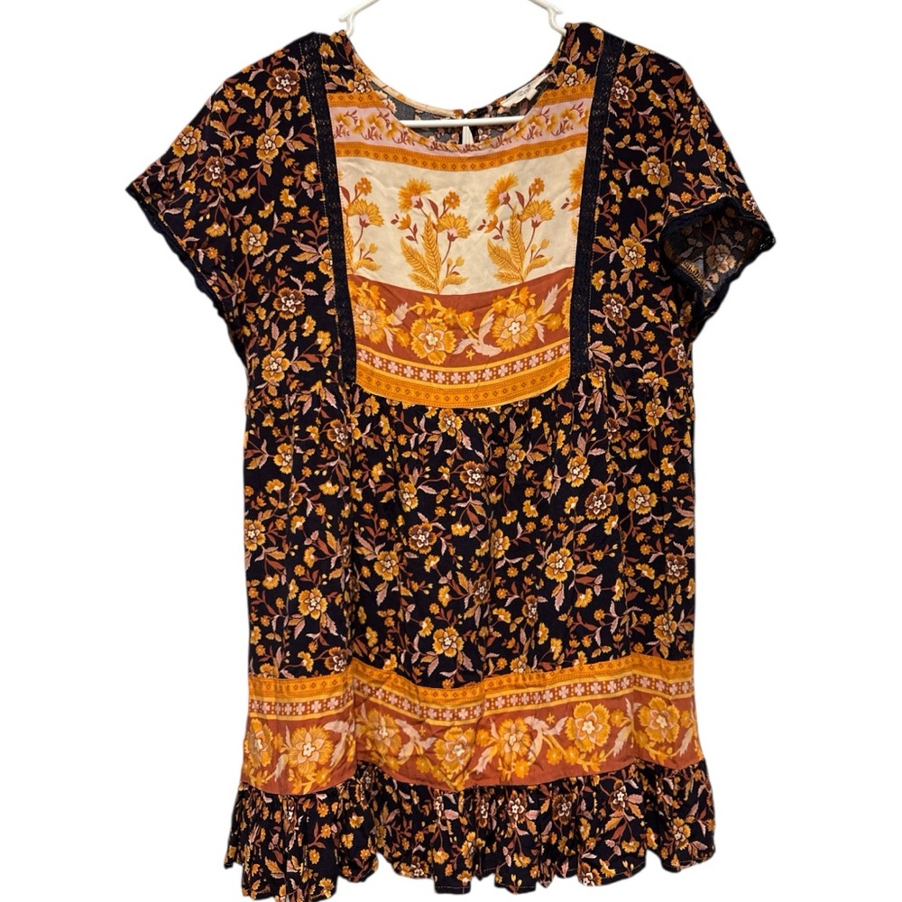 Easel Boho Floral Tunic Dress | Ruffle Hem | Cottagecore | Sm